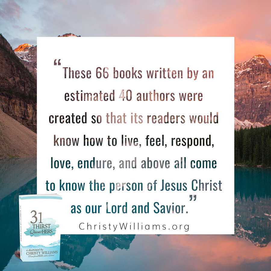These 66 books written by an estimated 40 authors was created so its readers would know how to live, feel, respond, love, endure... - Christy Williams