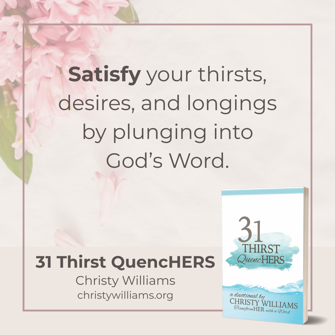 "Satisfy your thirsts, desires, and longings by plunging into God’s Word." Christy Williams, 31 Thirst Quenchers "Satisfy your thirsts, desires, and longings by plunging into God’s Word." Christy Williams, 31 Thirst Quenchers